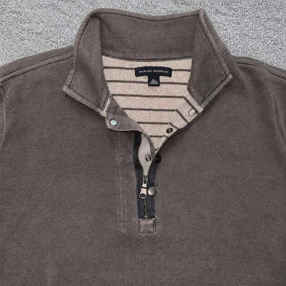 Banana Republic Men XL Brown Quarter Zip Snap Mock Neck Pullover Sweatshirt